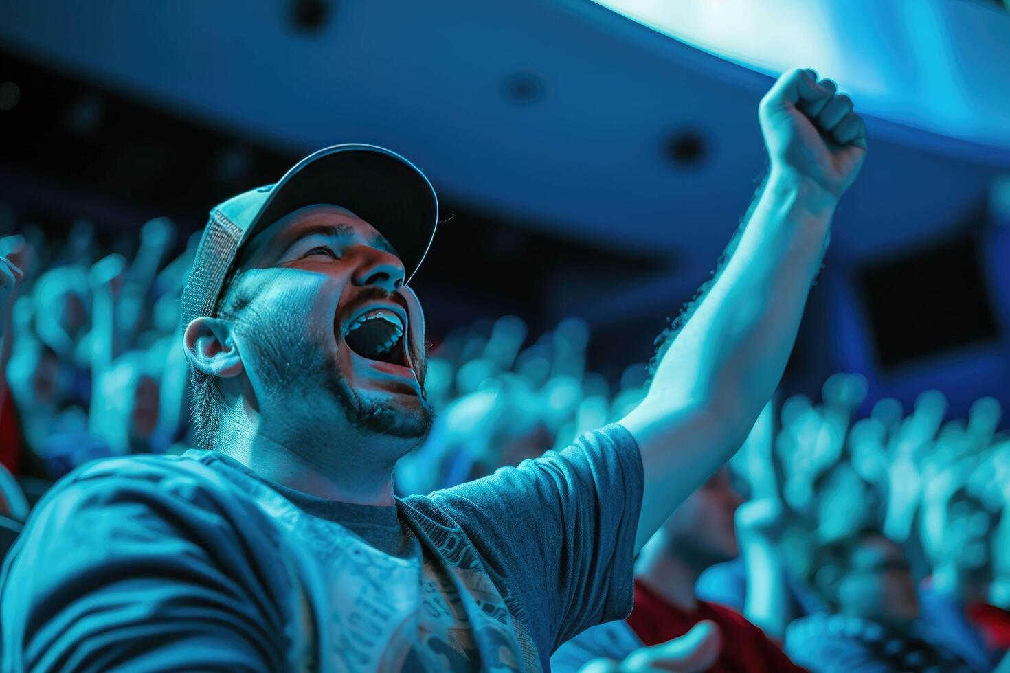 ai gegenereerd een Mens juichen in een menigte Bij een sporting evenement foto