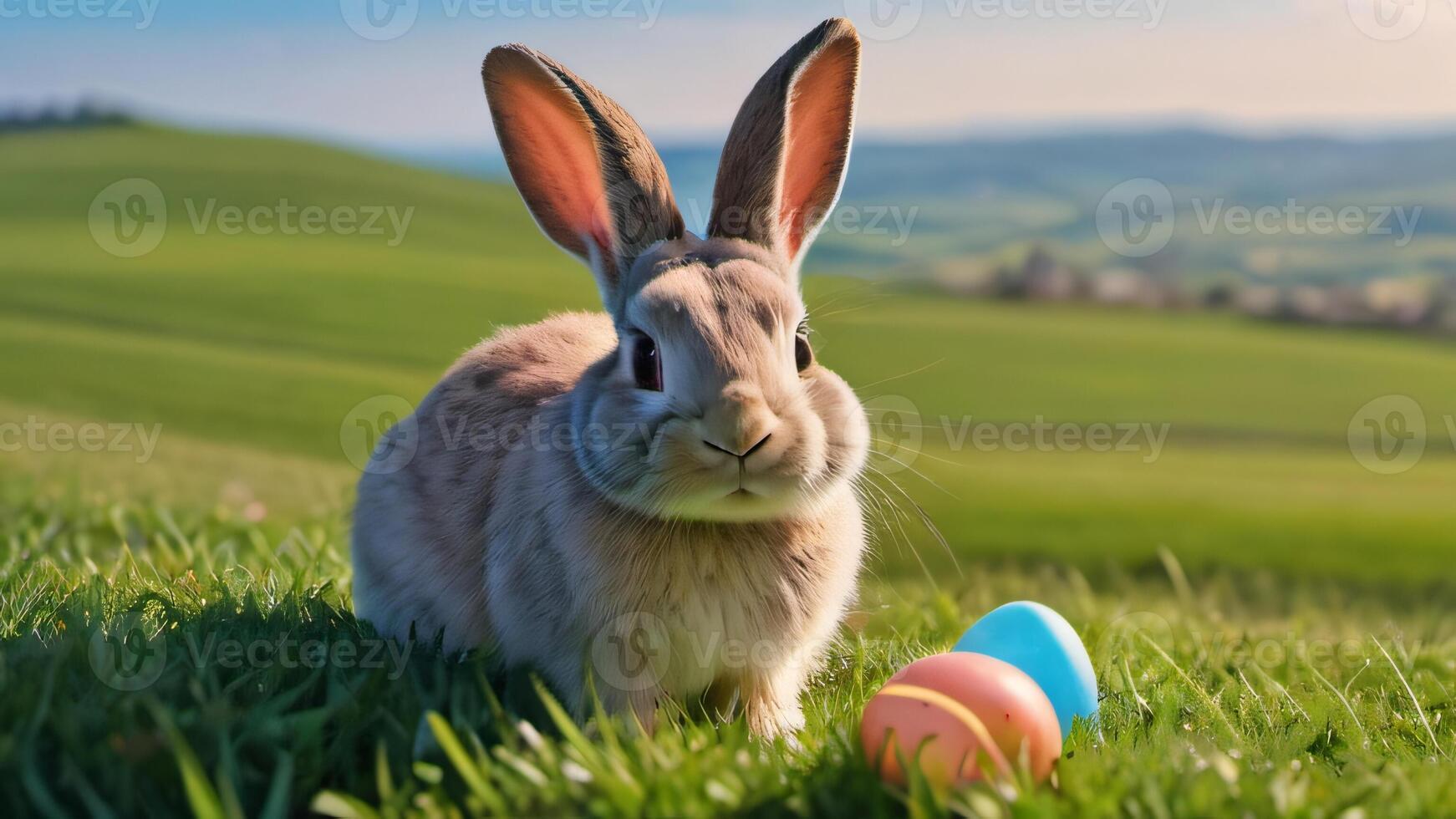 ai gegenereerd foto van schattig Pasen konijn konijn en ei in heuvel met groen velden en kleurrijk bloem Aan een helder dag. ai gegenereerd