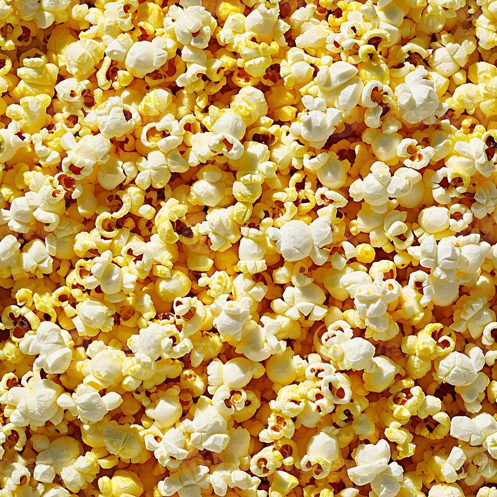 ai gegenereerd dichtbij omhoog van bioscoop voedsel popcorn in een vol scherm tegel beeld dat kan worden herhaald oneindig foto