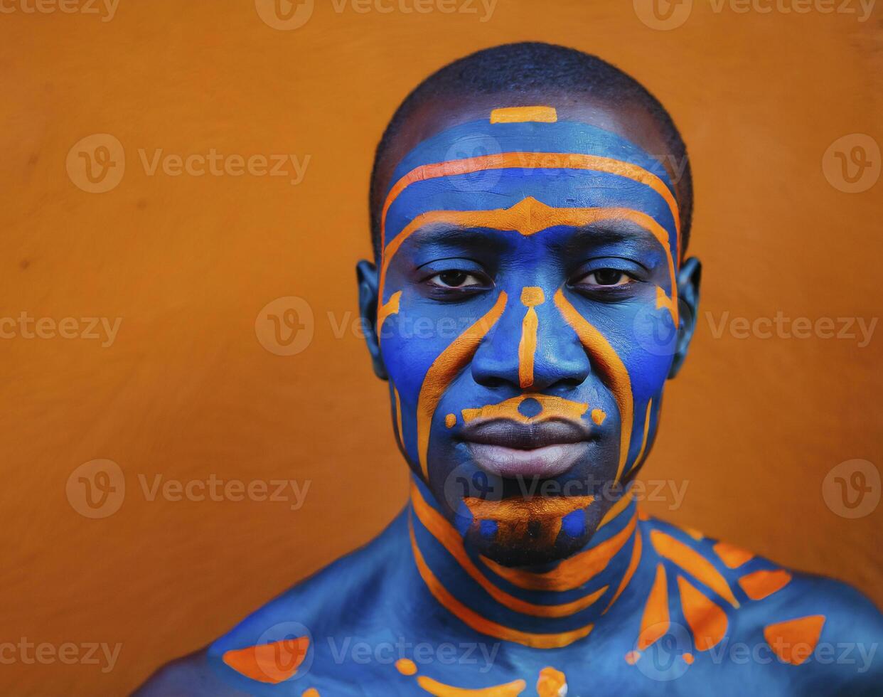 ai gegenereerd portret verscheidenheid van Afrikaanse met geschilderd gezicht in inheems cultuur foto