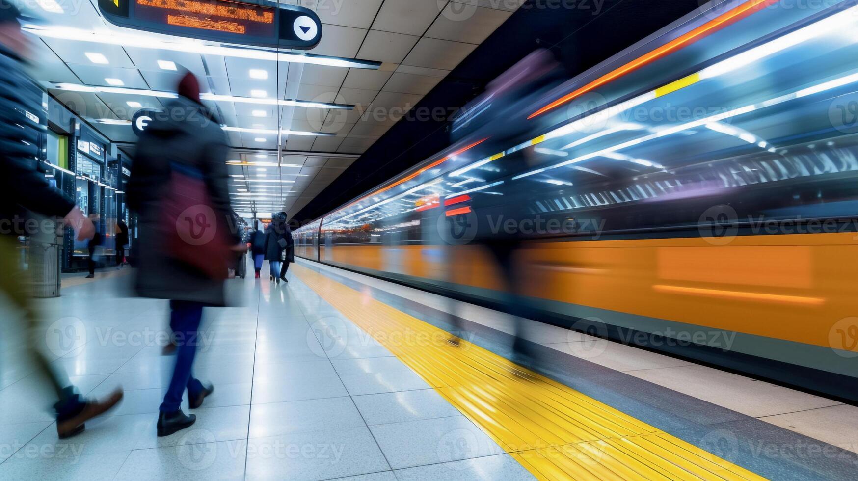 ai gegenereerd beweging wazig van passagiers wandelen Bij modern trein station. foto