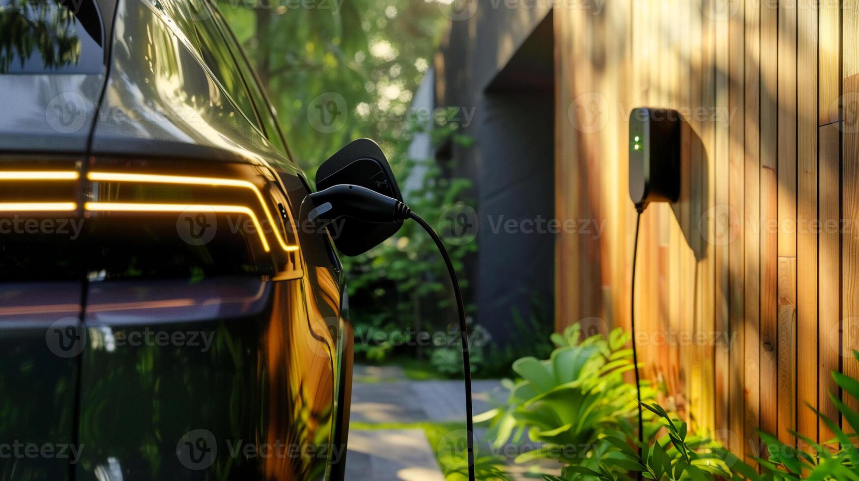 ai gegenereerd elektrisch auto en ev oplader in huis Bij garage . foto