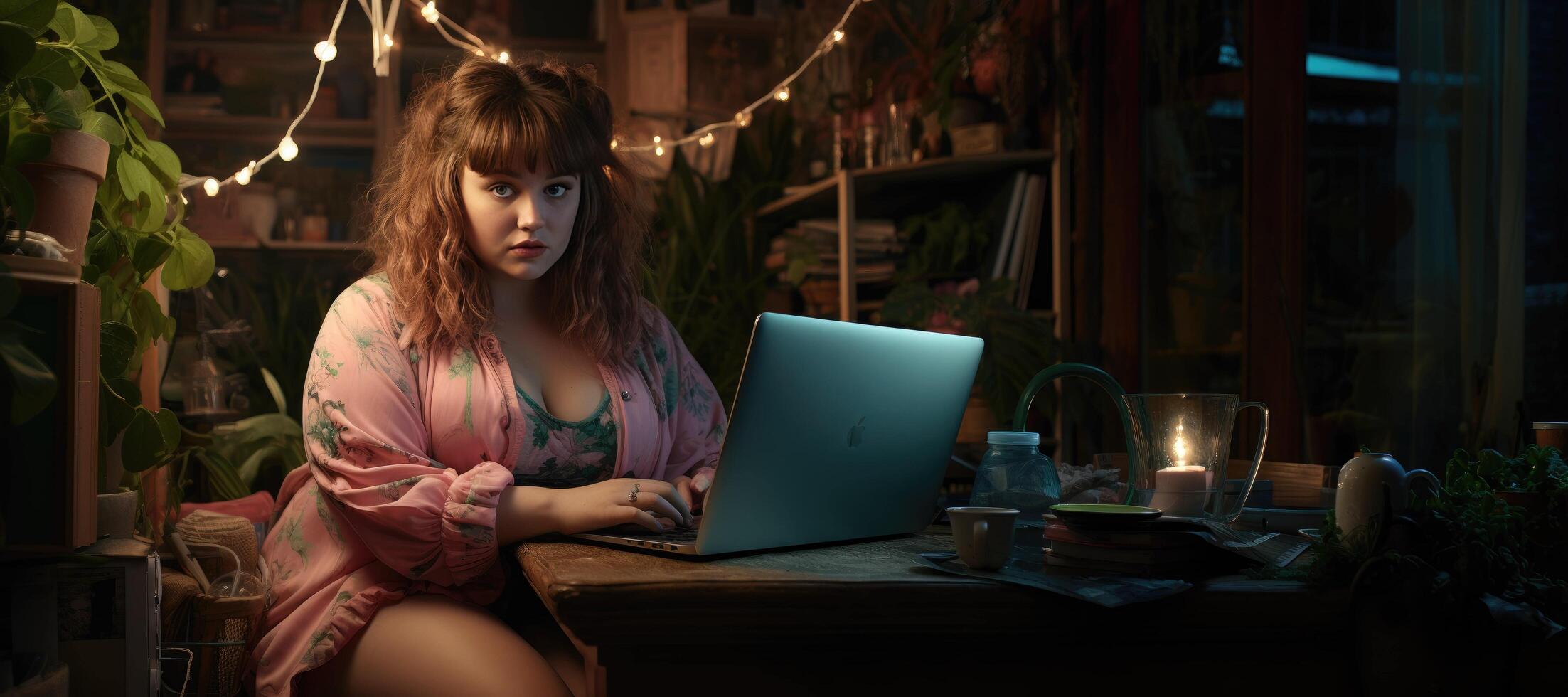 ai gegenereerd vastbesloten vrouw werken Aan laptop in knus huis kantoor instelling omringd door planten Bij nacht foto