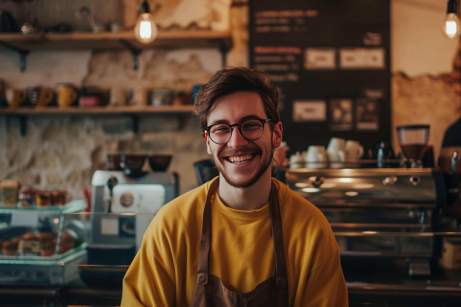 ai gegenereerd een glimlachen Mens in een schort staand in voorkant van een koffie winkel foto
