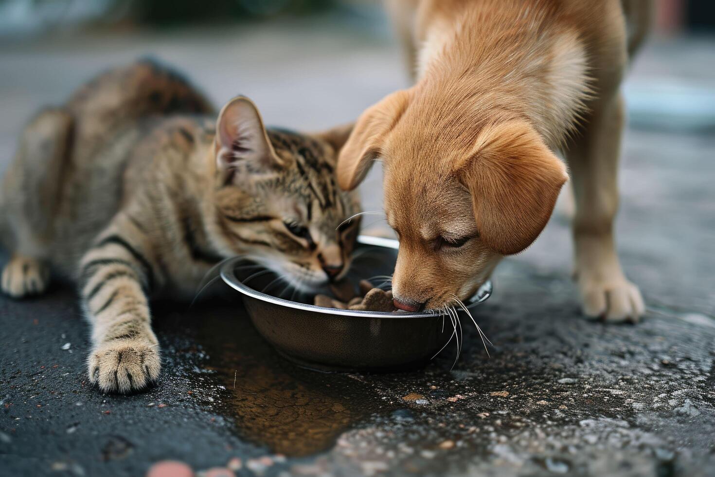 ai gegenereerd een kat en hond aan het eten van een kom foto