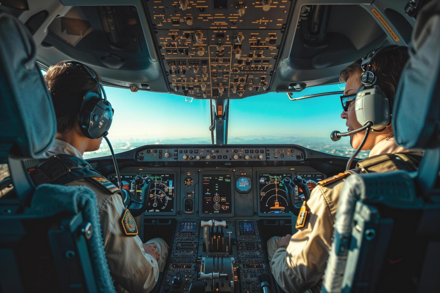 ai gegenereerd twee piloten in de kuip van een vliegtuig foto
