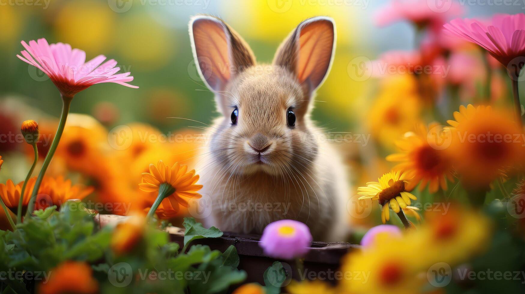 ai gegenereerd Pasen konijn met bloemen ai gegenereerd foto