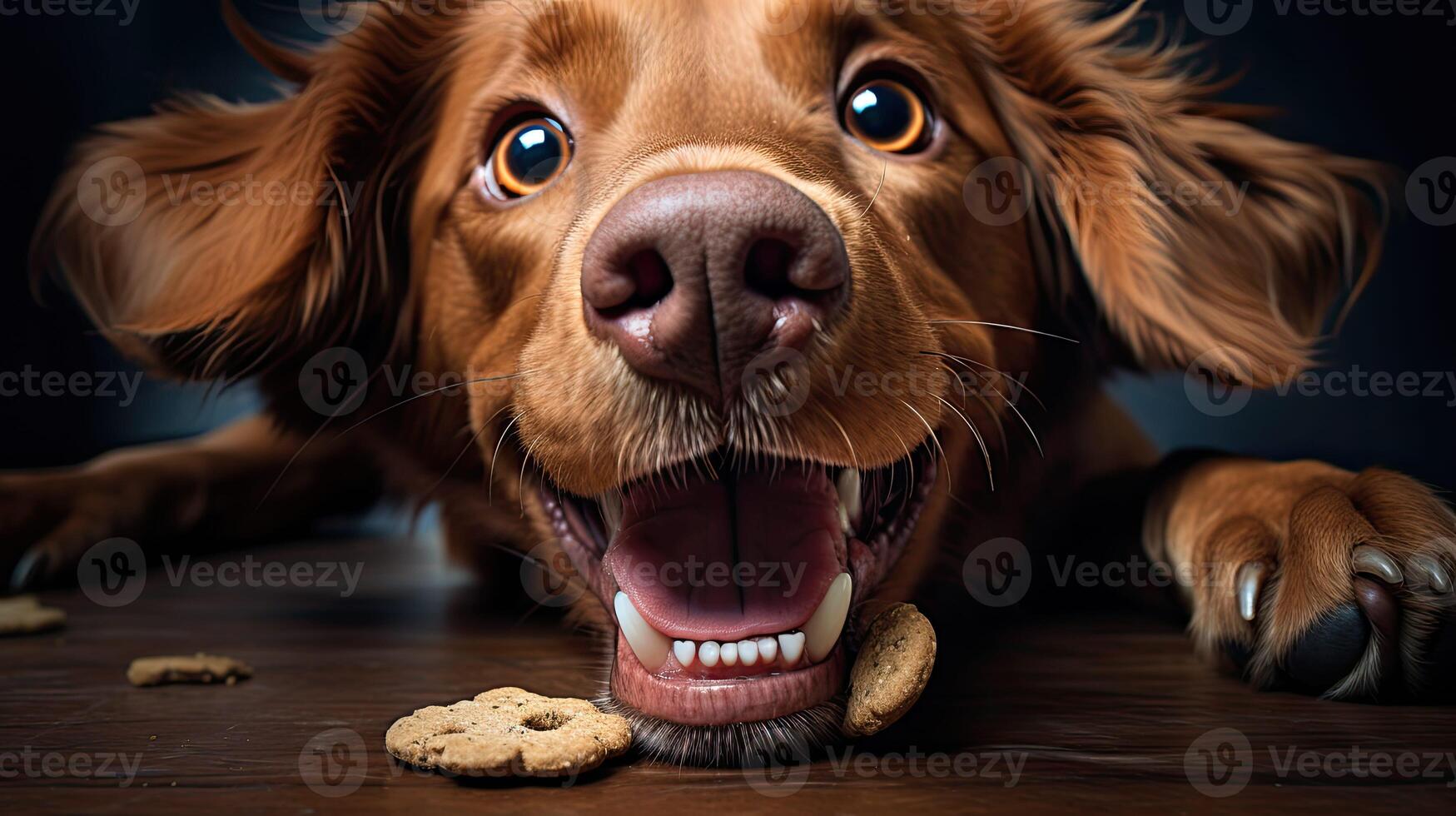 ai gegenereerd huisdier hond aan het eten biscuit ai gegenereerd foto