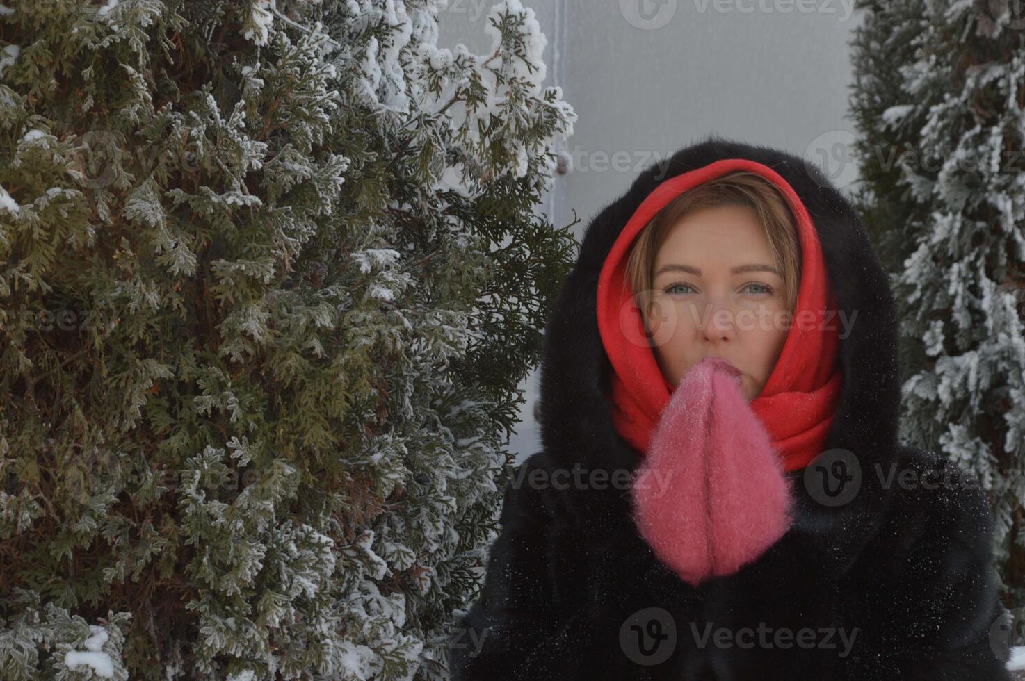 jong vrouw in een knus vacht jas met een kap en roze wanten Aan de straat in winter. portret van een meisje gekleed in winter kleren. foto