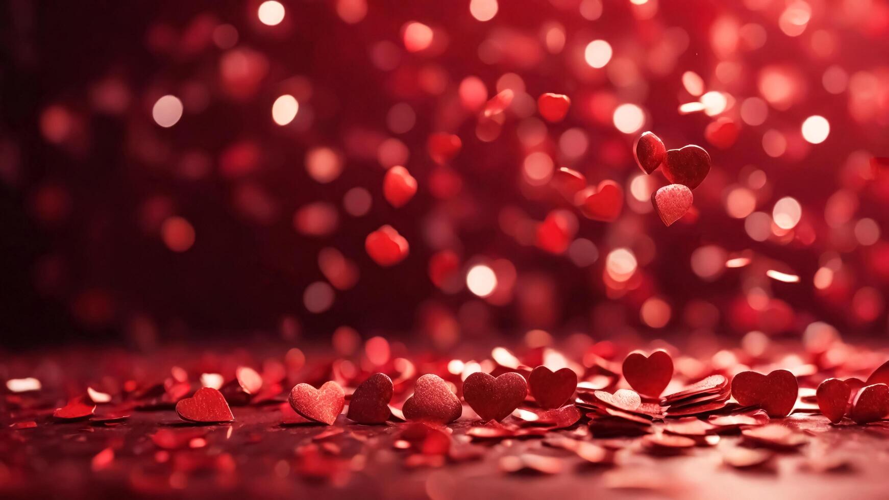 ai gegenereerd romantisch achtergrond met vallend rood harten confetti en onscherp bokeh lichten. liefde concept, valentijnsdag dag ontwerp foto
