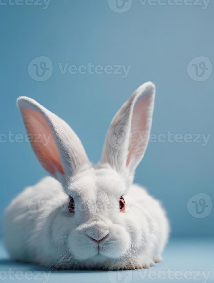 ai gegenereerd foto van wit konijn oor Aan pastel blauw achtergrond Pasen dag 3d weergave. ai gegenereerd