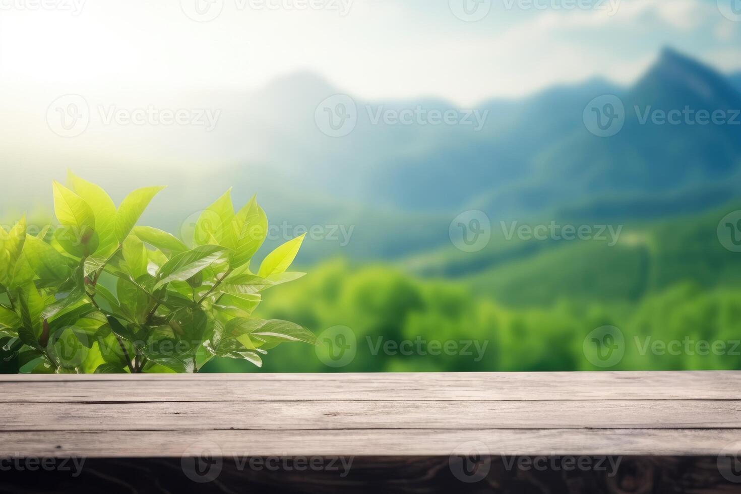 ai gegenereerd tafel achtergrond van vrij ruimte voor uw decoratie en wazig landschap van bergen. foto