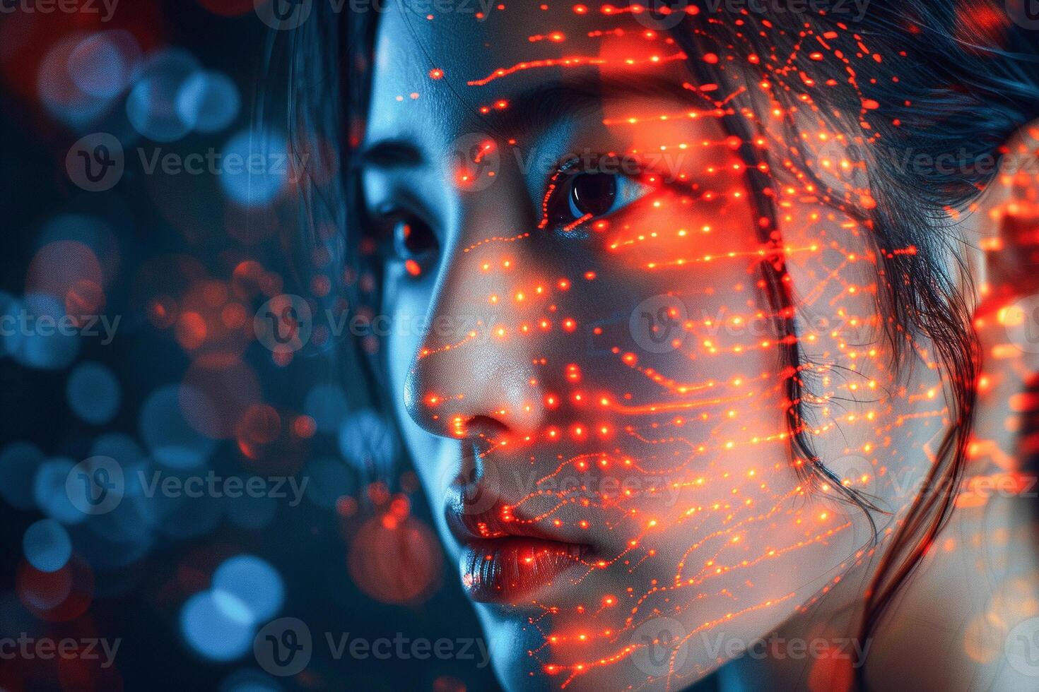 ai gegenereerd dames gezicht verlichte door etherisch digitaal licht patronen in detailopname visie foto