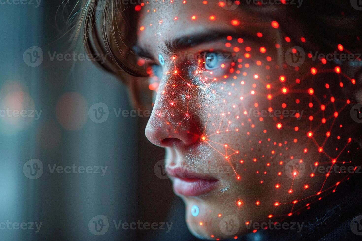 ai gegenereerd dames gezicht verlichte door etherisch digitaal licht patronen in detailopname visie foto