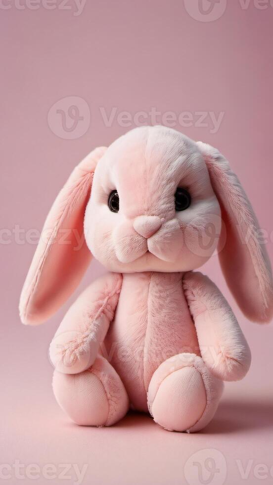 ai gegenereerd foto van zacht speelgoed- konijn baby roze konijn Aan roze achtergrond gevuld dier kinderen haar een meisje baby kamer baby douche. ai gegenereerd