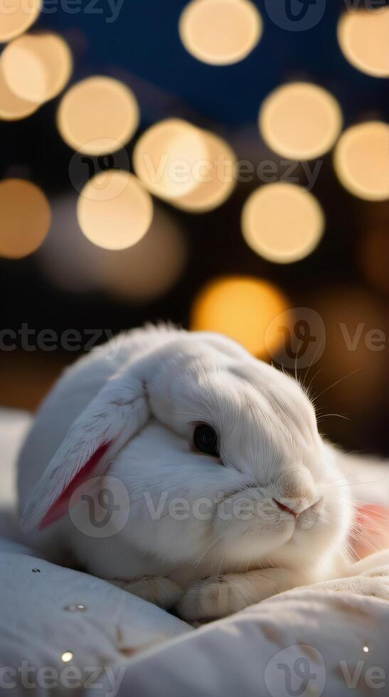 ai gegenereerd foto van een schattig en aanbiddelijk konijn is slapen onder nacht lucht tussen sterren hoofdkussen aig16. ai gegenereerd