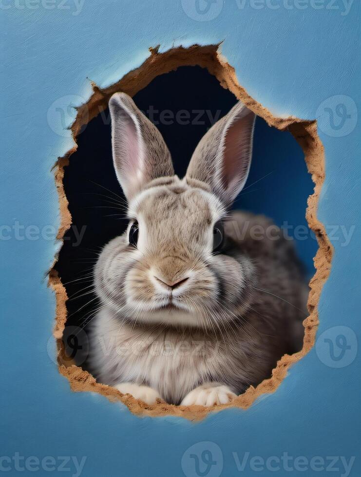 ai gegenereerd foto van konijn gluren uit van een gat in blauw muur pluizig oren konijn Pasen konijn banier konijn springen uit gescheurd gat. ai gegenereerd