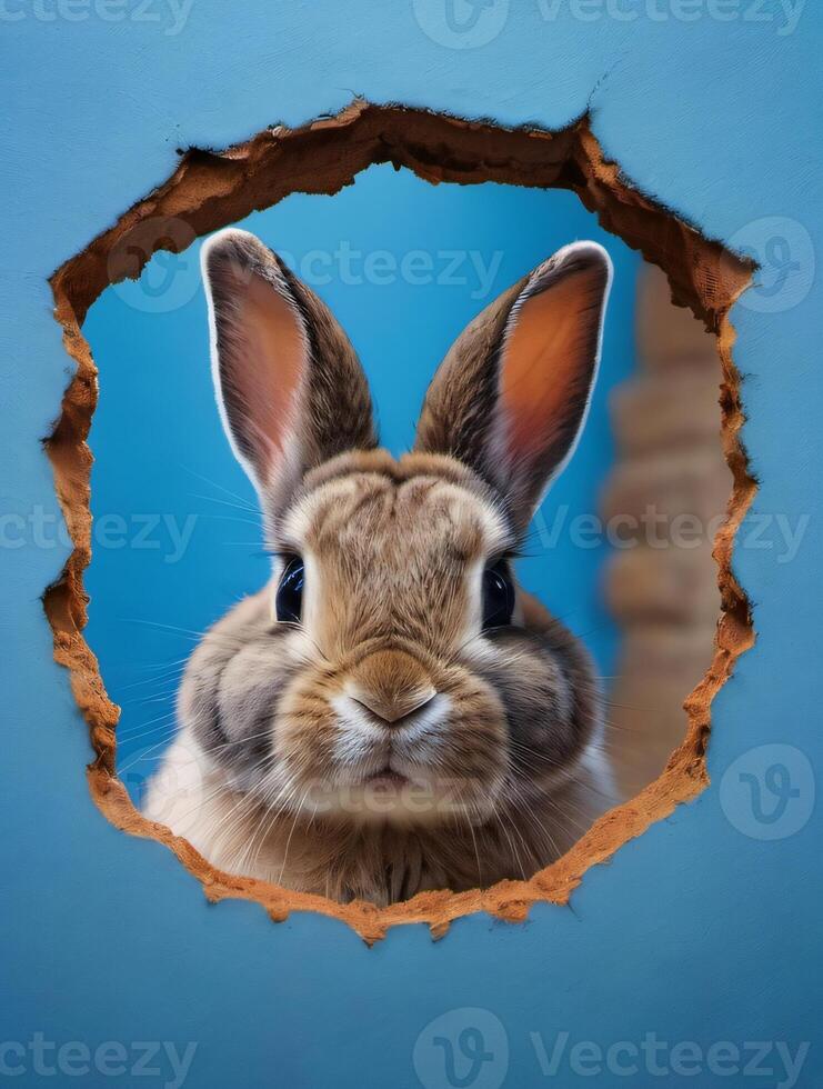 ai gegenereerd foto van konijn gluren uit van een gat in blauw muur pluizig oren konijn Pasen konijn banier konijn springen uit gescheurd gat. ai gegenereerd