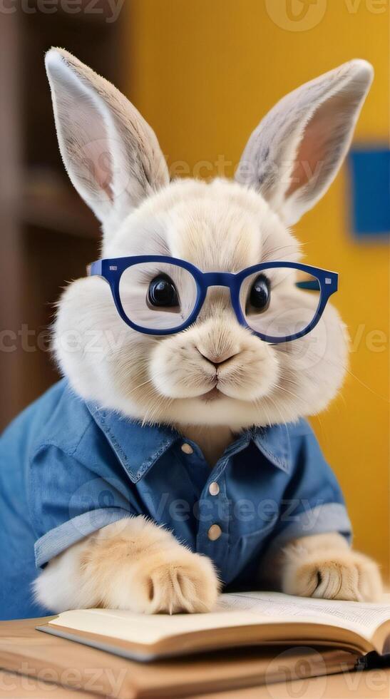 ai gegenereerd foto van schattig pluizig konijn in een blauw overhemd houdt een boek in zijn poten en looks direct Bij de camera door wit bril Aan een geïsoleerd geel banier achtergrond. ai gegenereerd