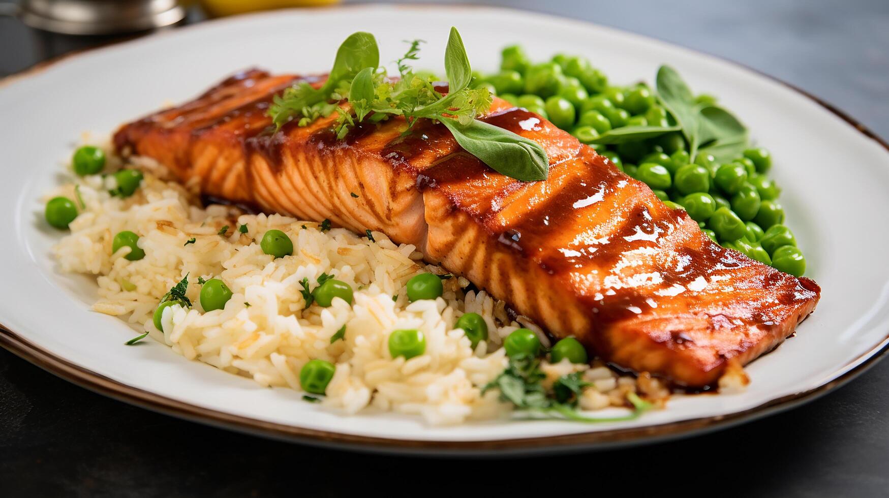 ai gegenereerd Zalm met rijst- en erwten Aan een bord foto