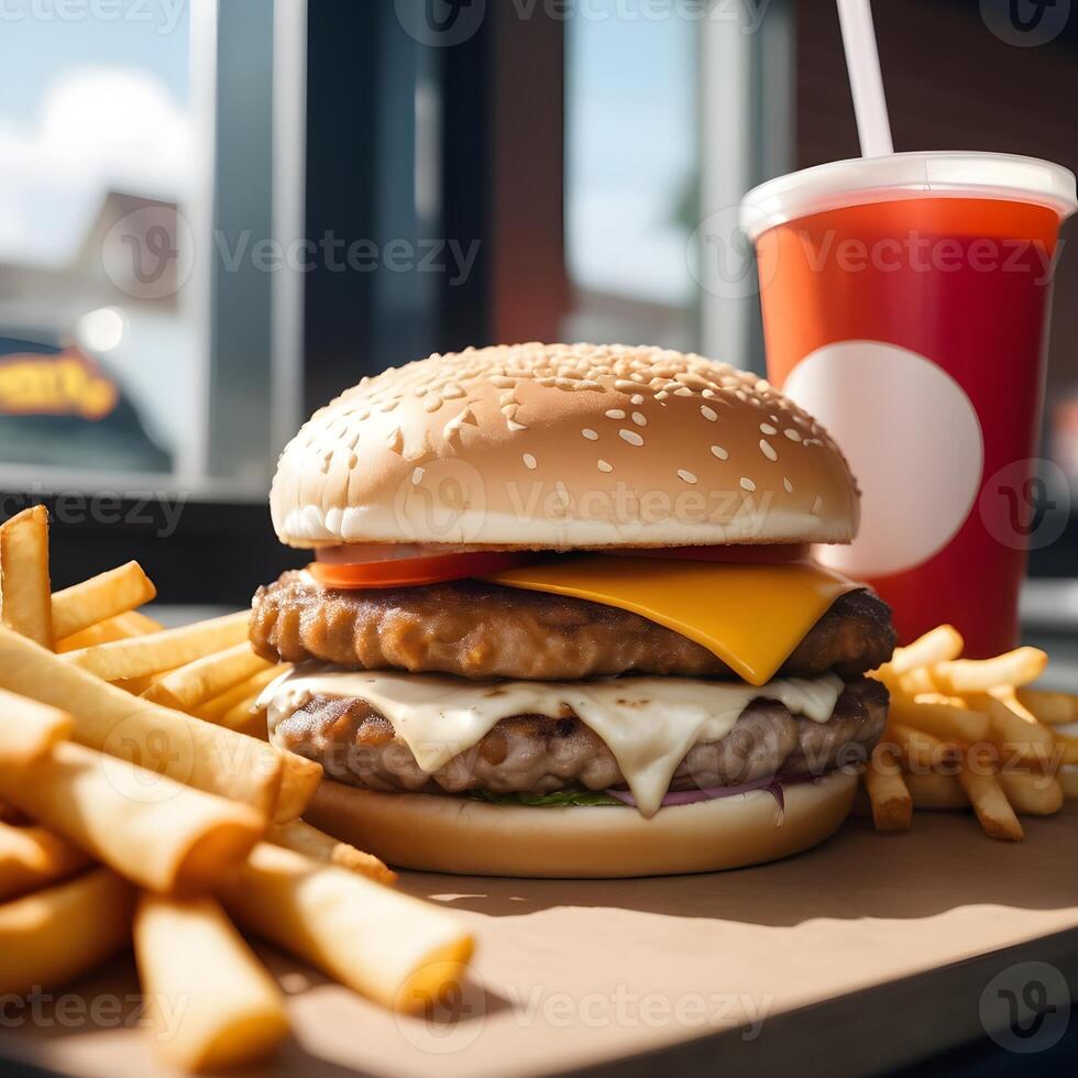 snel voedsel hamburger, Patat en drinken foto