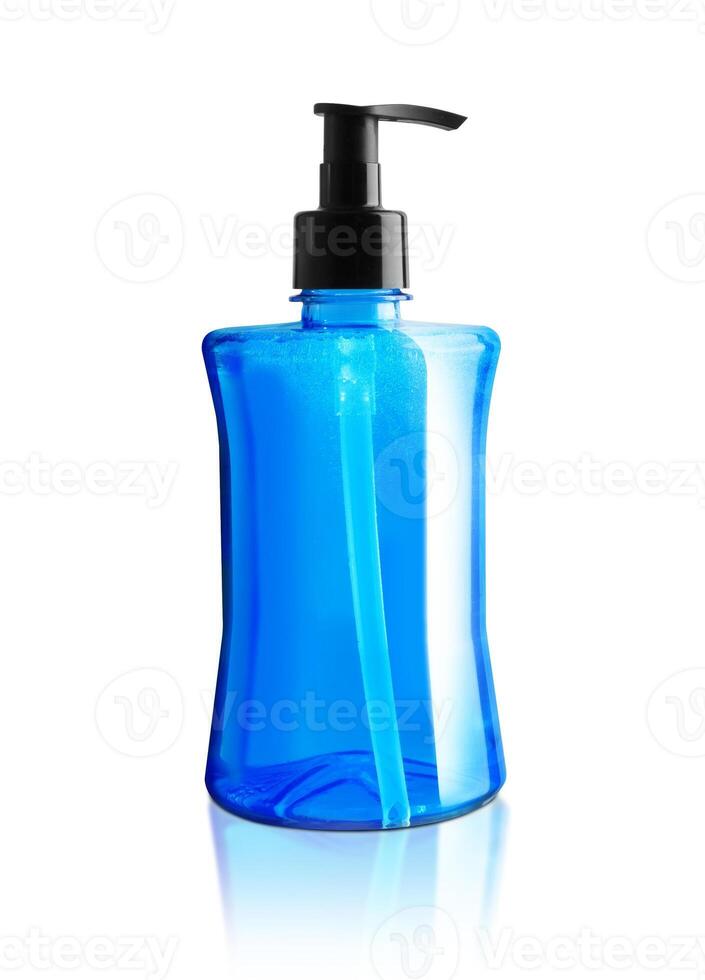 blauw vloeistof zeep in plastic pomp fles foto