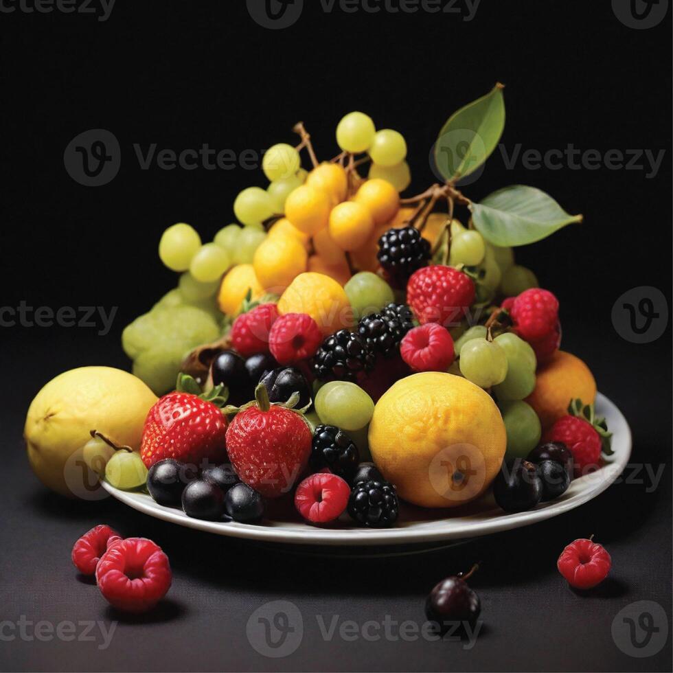 ai gegenereerd vers fruit Aan een bord zwart achtergrond foto