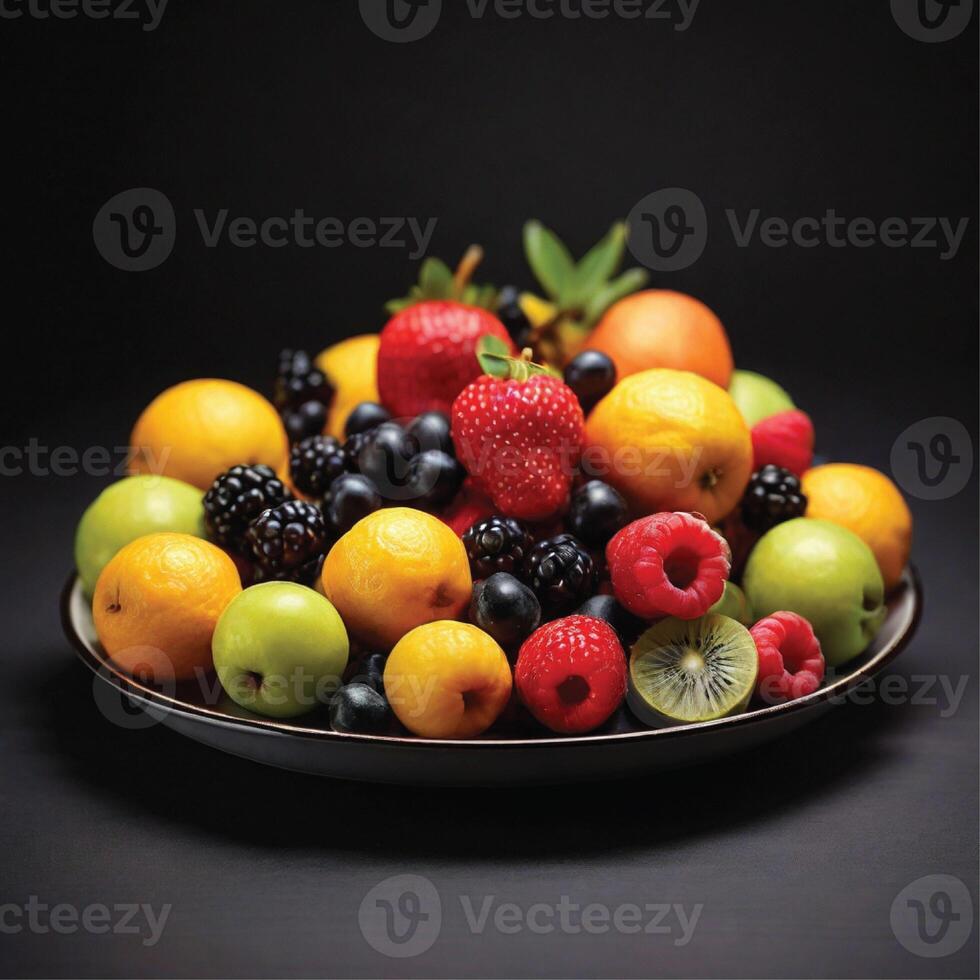 ai gegenereerd vers fruit Aan een bord zwart achtergrond foto