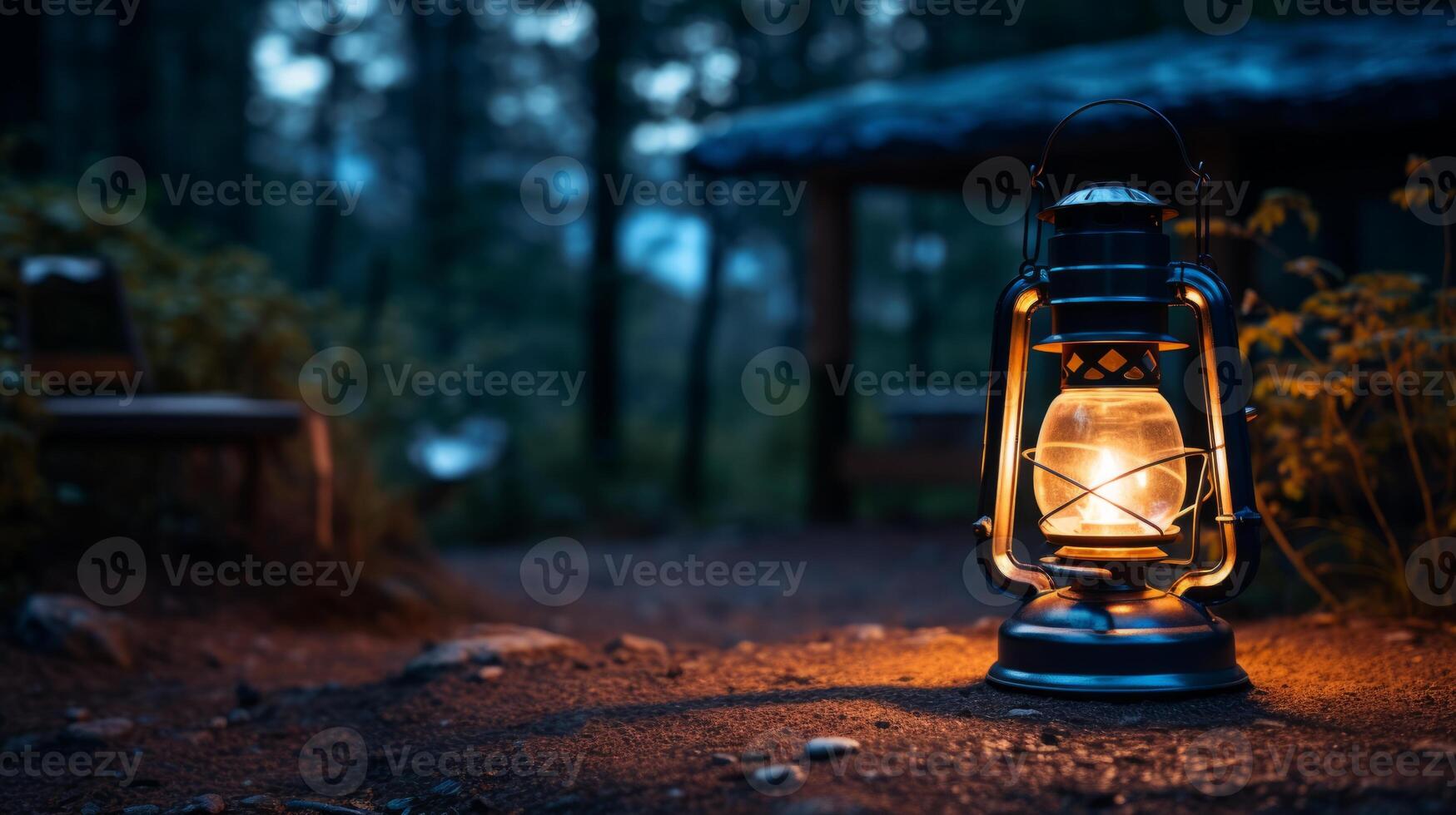 ai gegenereerd een camping met een flikkeren lantaarn Bij nacht foto