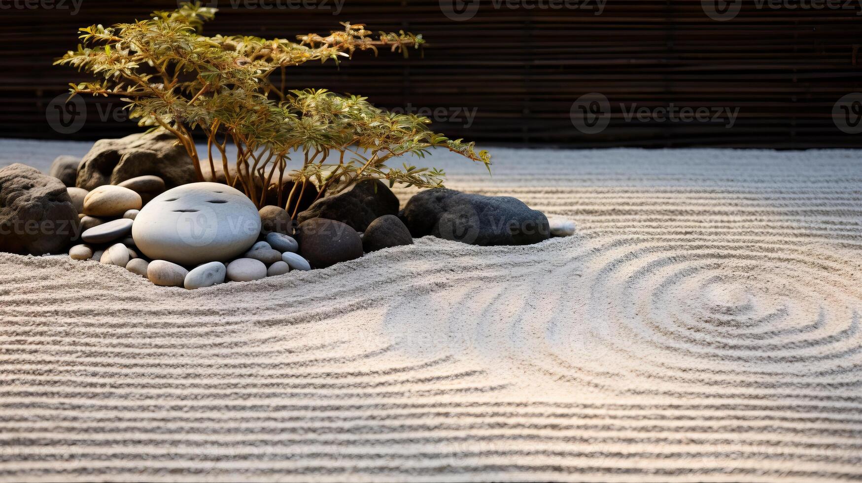 ai gegenereerd een rustig zen tuin met geharkt zand en stenen foto