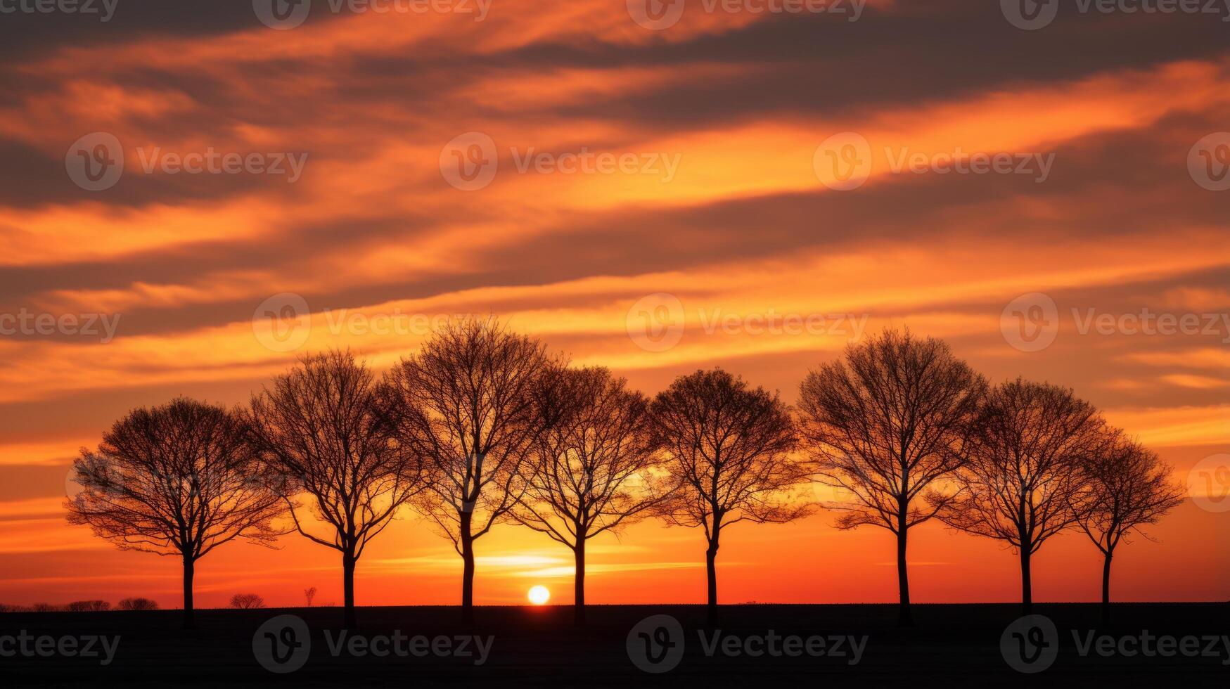 ai gegenereerd aftekenen bomen tegen de backdrop van een verbijsterend zonsondergang lucht foto