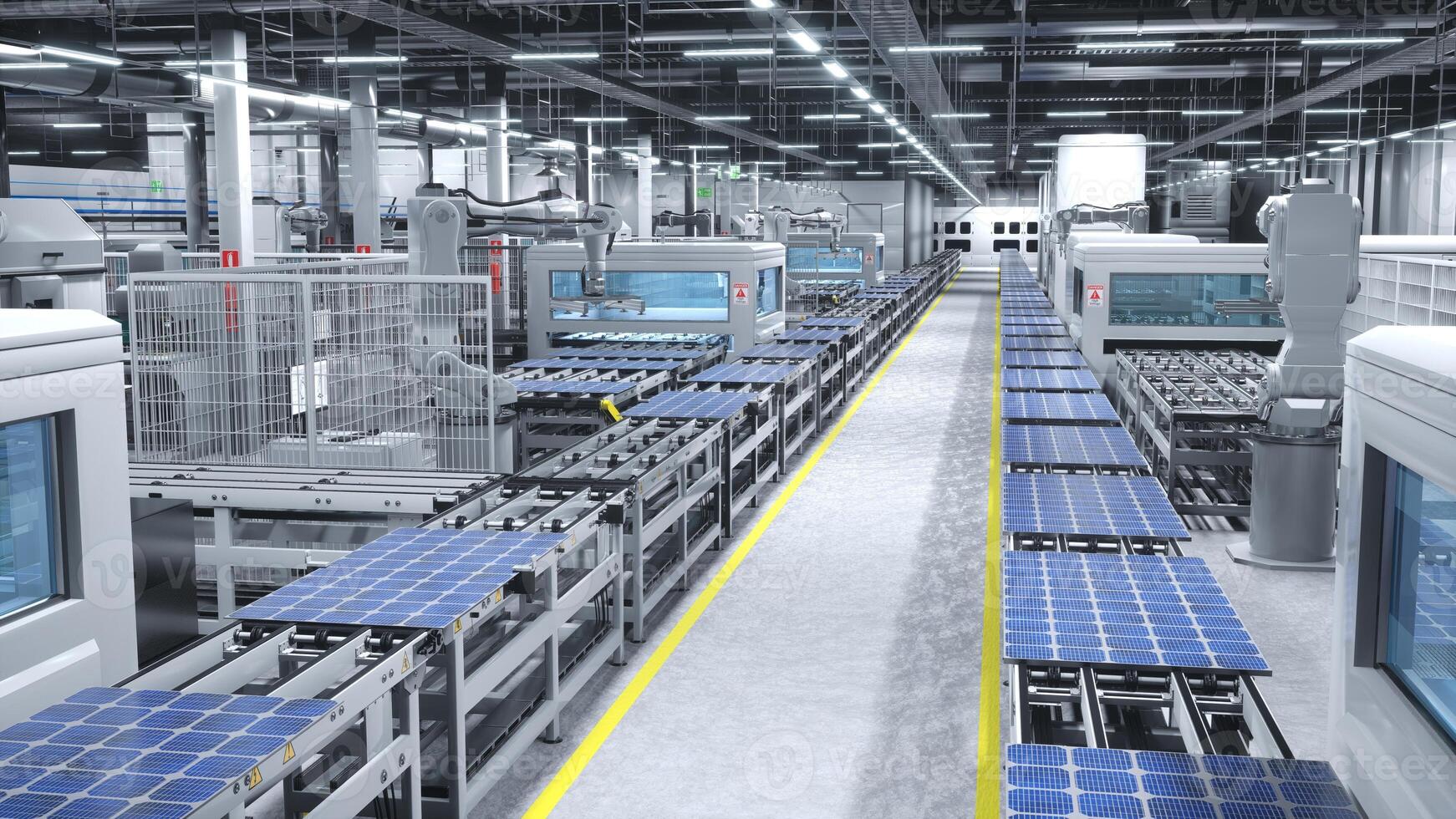 industrieel zonne- paneel fabriek met robot armen plaatsen fotovoltaïsche modules Aan transportband riemen, 3d veroorzaken. hoog tech fabricage magazijn produceren zonne- cellen voor duurzame energie industrie foto