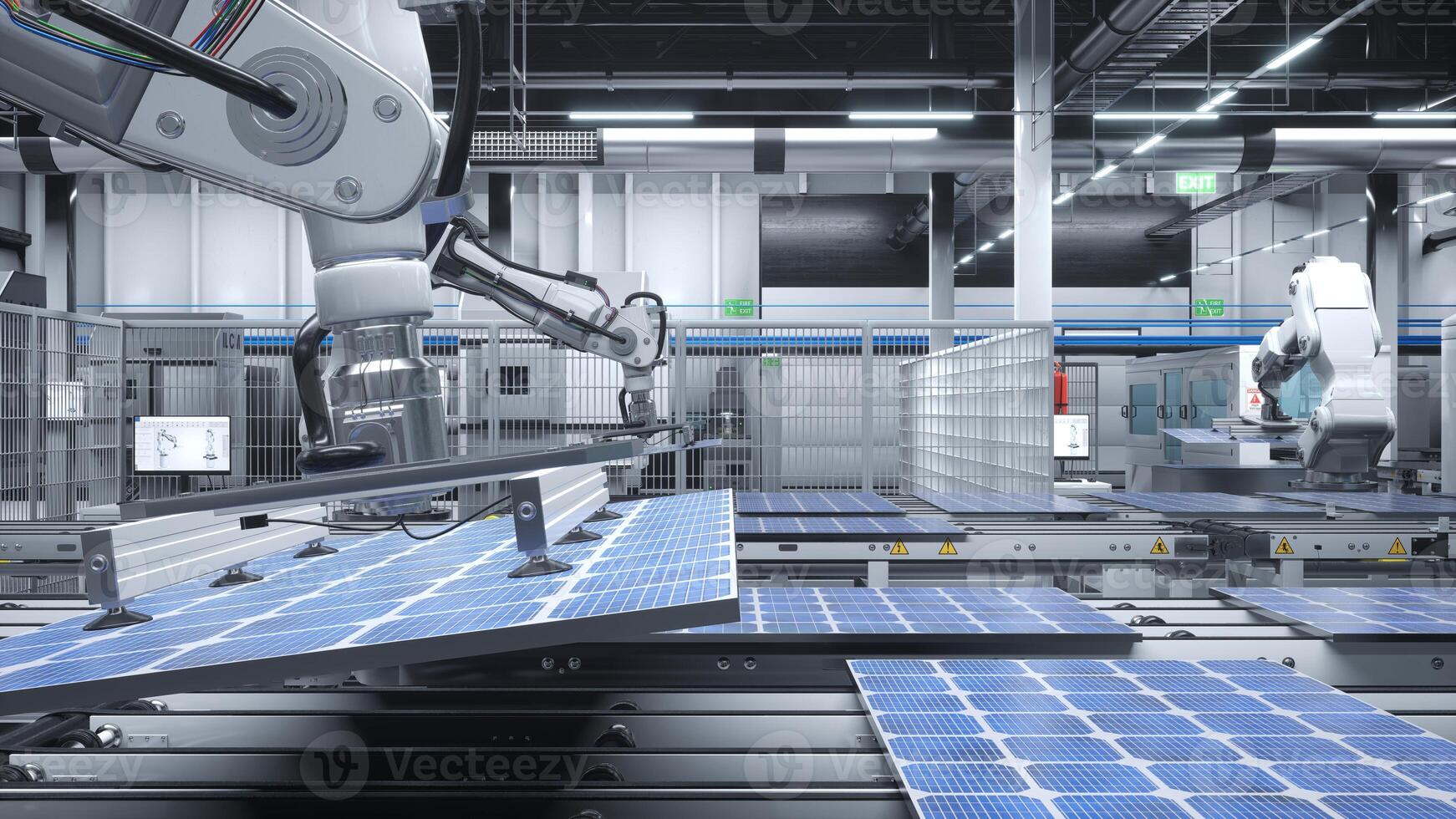 industrieel robot armen plaatsen zonne- panelen Aan groot productie lijnen in modern groen energie fabriek. pv modellen wezen gemonteerd Aan transportband riemen binnen fabricage faciliteit, 3d geven foto