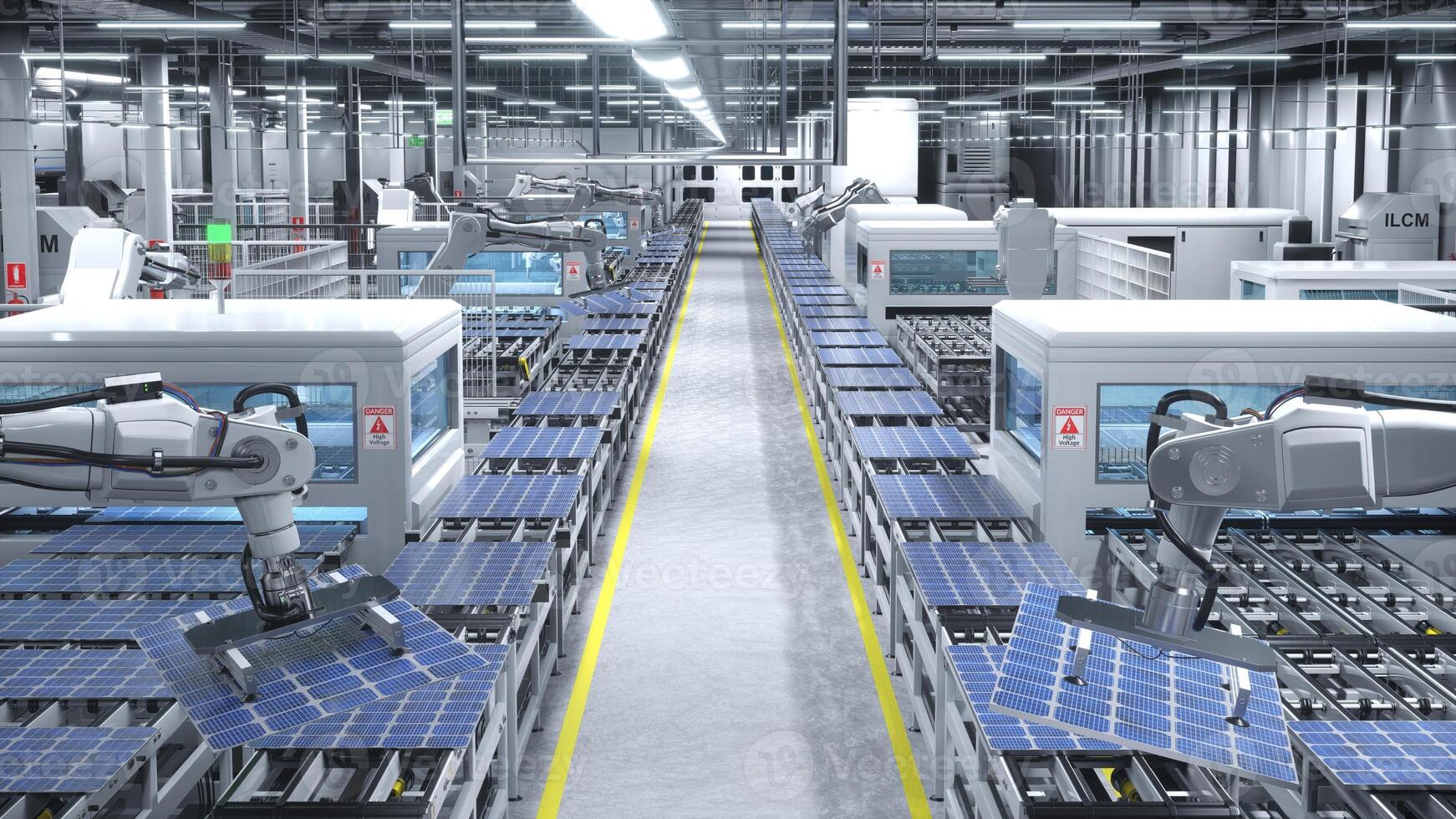 geautomatiseerd robot armen in snijdend rand zonne- paneel magazijn behandeling fotovoltaïsche modules in hoog tech werkwijze. zonne- cellen vervaardigd in groen energie faciliteit, 3d illustratie foto