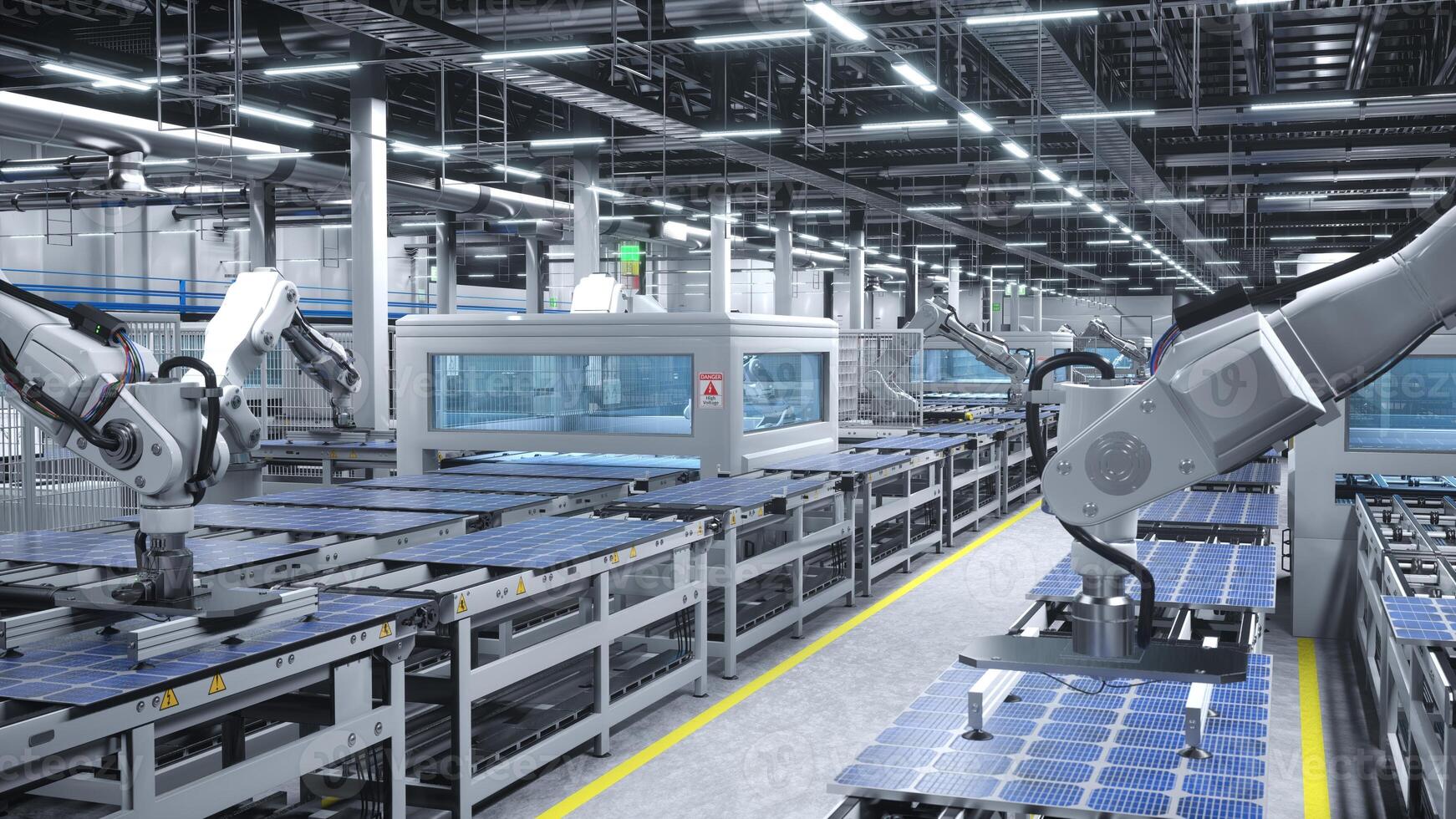 geautomatiseerd robot armen in snijdend rand zonne- paneel magazijn behandeling fotovoltaïsche modules Aan transportband riemen. bedrijf fabricage zonne- cellen in groen energie faciliteit, 3d illustratie foto