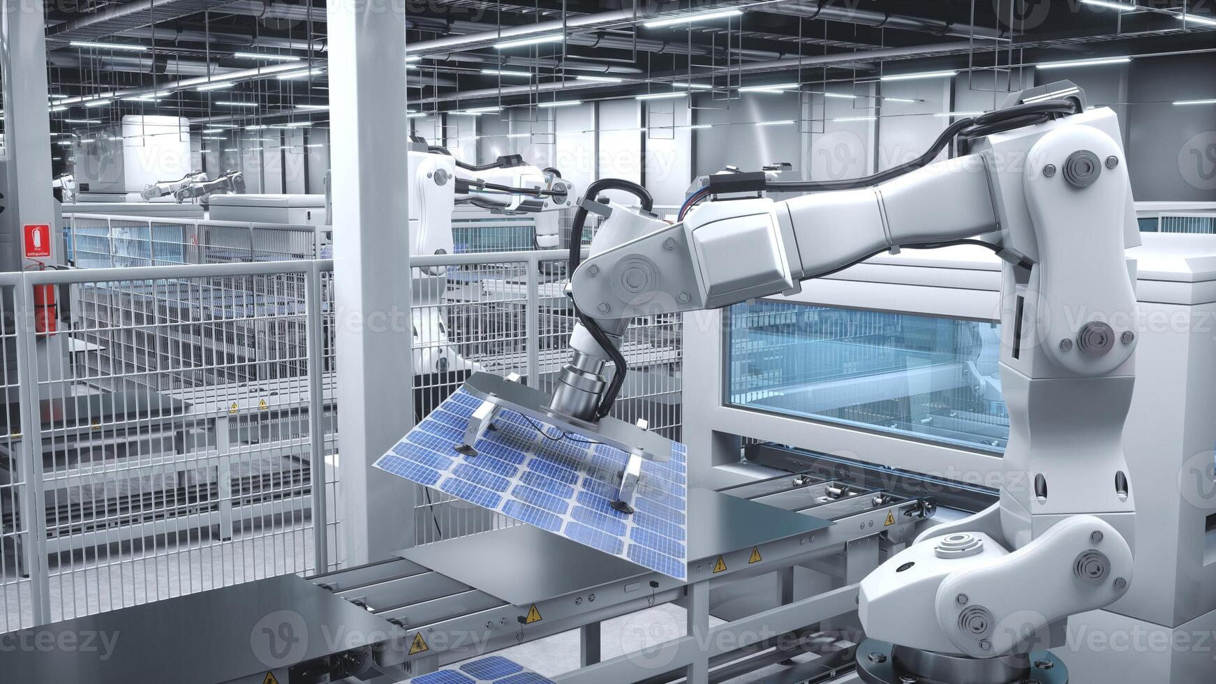 autonoom robot arm in snijdend rand zonne- paneel fabriek manoeuvreren fotovoltaïsche modulen. pv cellen geproduceerd in eco vriendelijk faciliteit met bijeenkomst lijnen, 3d renderen animatie foto