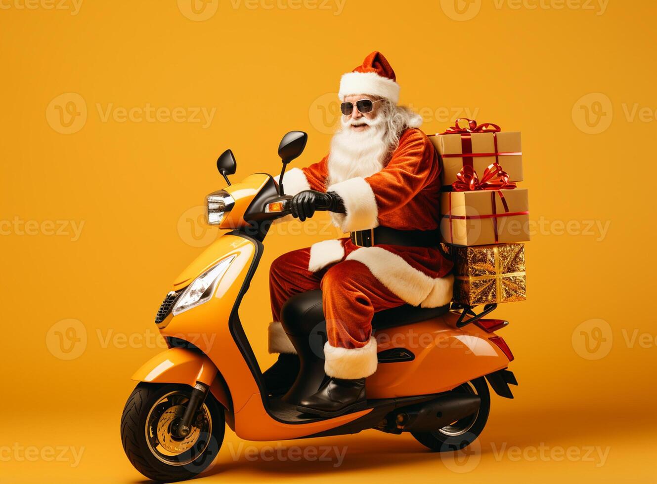 ai gegenereerd vol lengte profiel kant foto van grijs wit haar- gebaard de kerstman claus rijden rit fiets leveren geschenk doos Kerstmis Kerstmis nacht slijtage rood hoofddeksels geïsoleerd geel kleur achtergrond