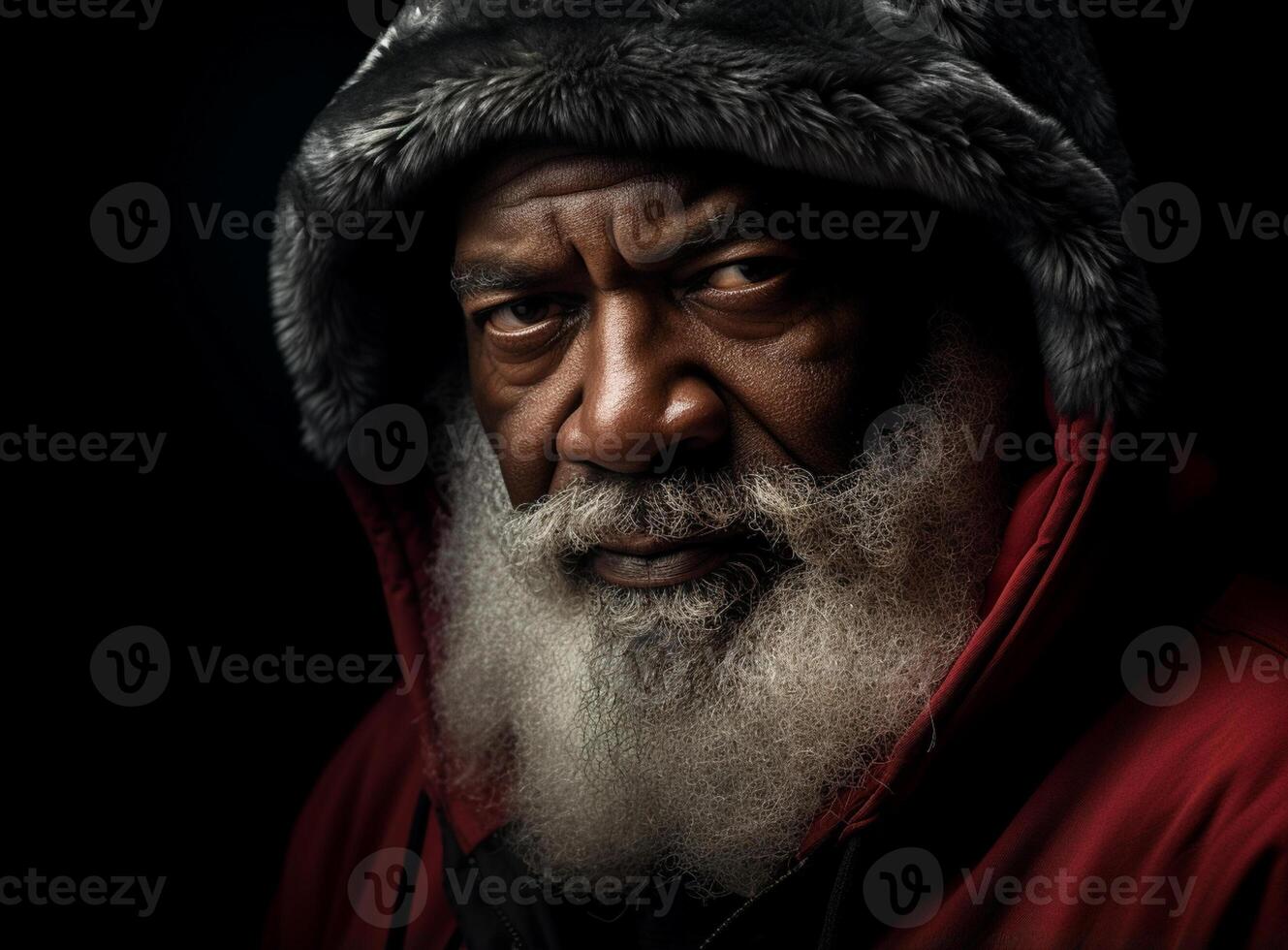 ai gegenereerd portret van senior Afrikaanse Amerikaans Mens vervelend een kostuum van de kerstman claus en Holding geschenken, op zoek Bij camera en lachend. kwaliteit familie tijd Kerstmis viering. foto