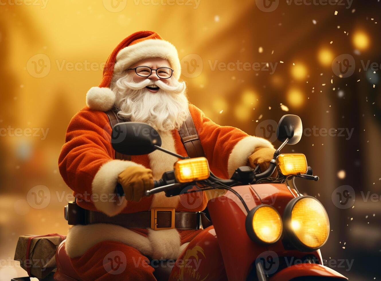 ai gegenereerd de kerstman claus Aan een scooter met een zak van presenteert foto