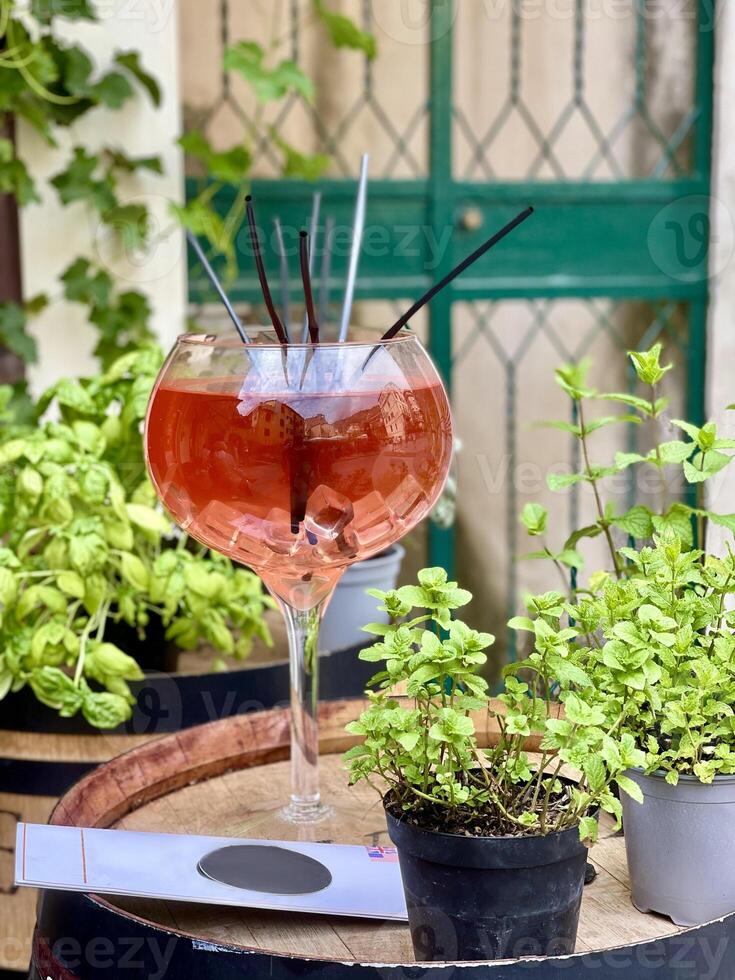 een glas van wijn en sommige kruiden in potten foto