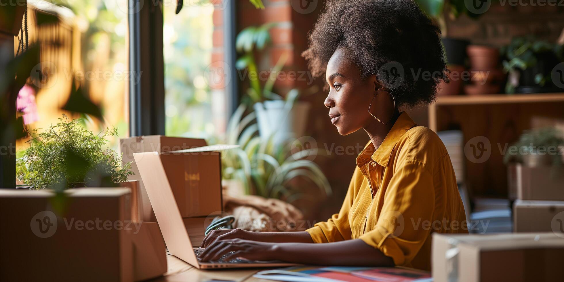 ai gegenereerd een jong met een donkere huid bedrijf vrouw omringd door dozen, werken Aan een laptop. klein bedrijf, levering, zakenvrouw. trots bedrijf baasje. bokeh effect. ai gegenereerd. foto