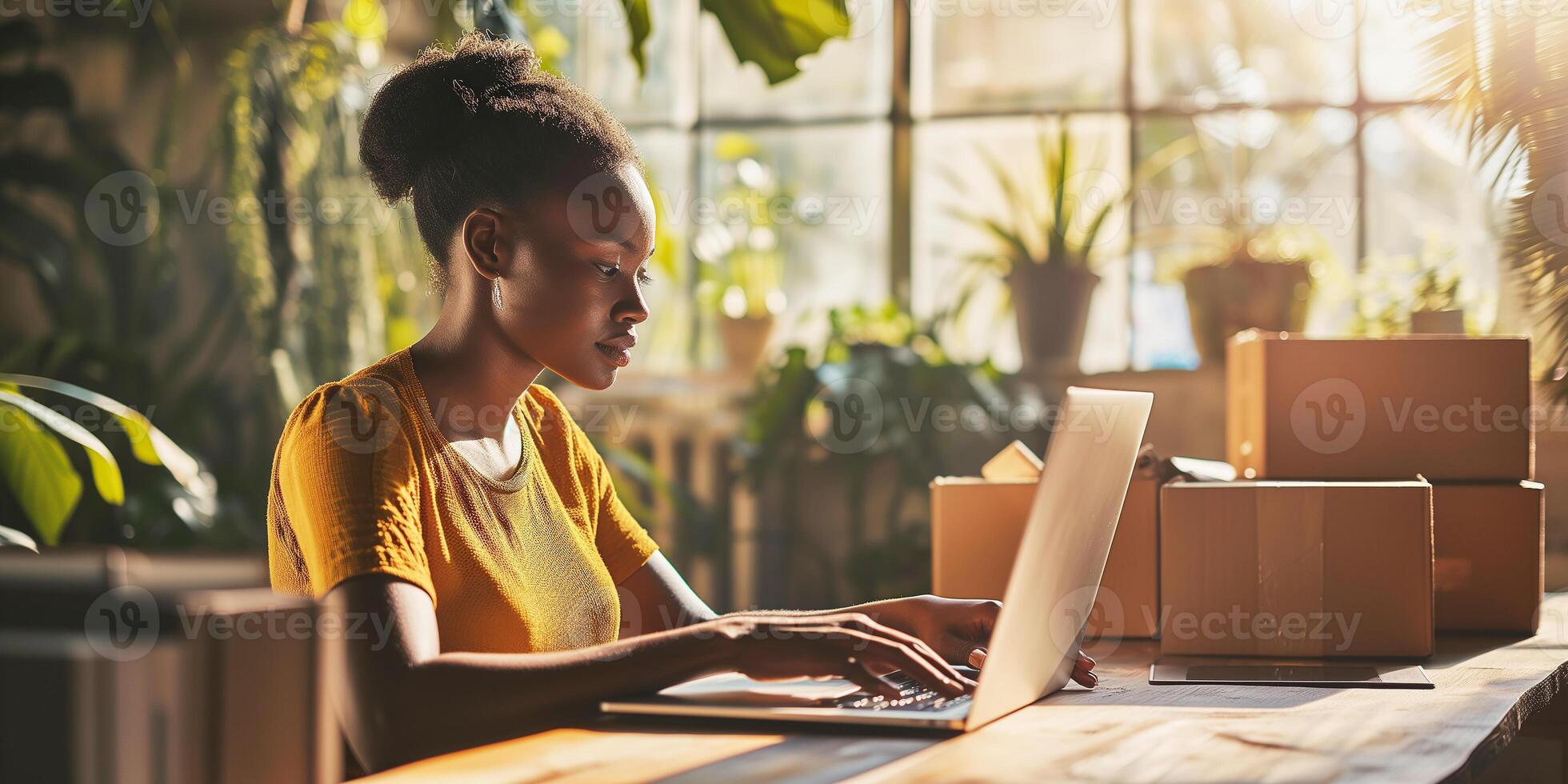 ai gegenereerd een jong met een donkere huid bedrijf vrouw omringd door dozen, werken Aan een laptop. klein bedrijf, levering, zakenvrouw. trots bedrijf baasje. bokeh effect. ai gegenereerd. foto