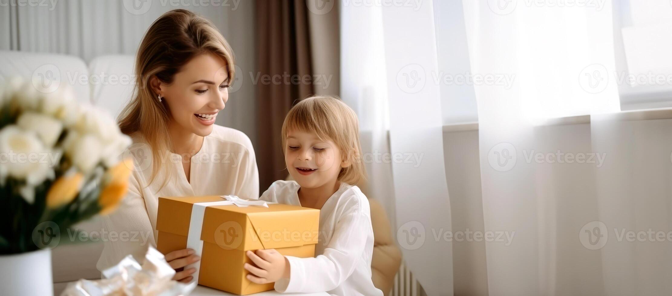 ai gegenereerd mam en weinig dochter Open een geschenk doos in een helder leven kamer. vrij ruimte voor kopiëren. moeder dag, verjaardag, maart 8, kinderen dag, kinderen dag foto