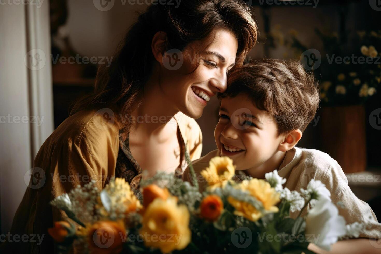 ai gegenereerd gelukkig moeder en weinig zoon zijn zittend in de kamer Bij de tafel, lachend, praten, lachend. liefde dag, kinderen dag, moeder dag foto