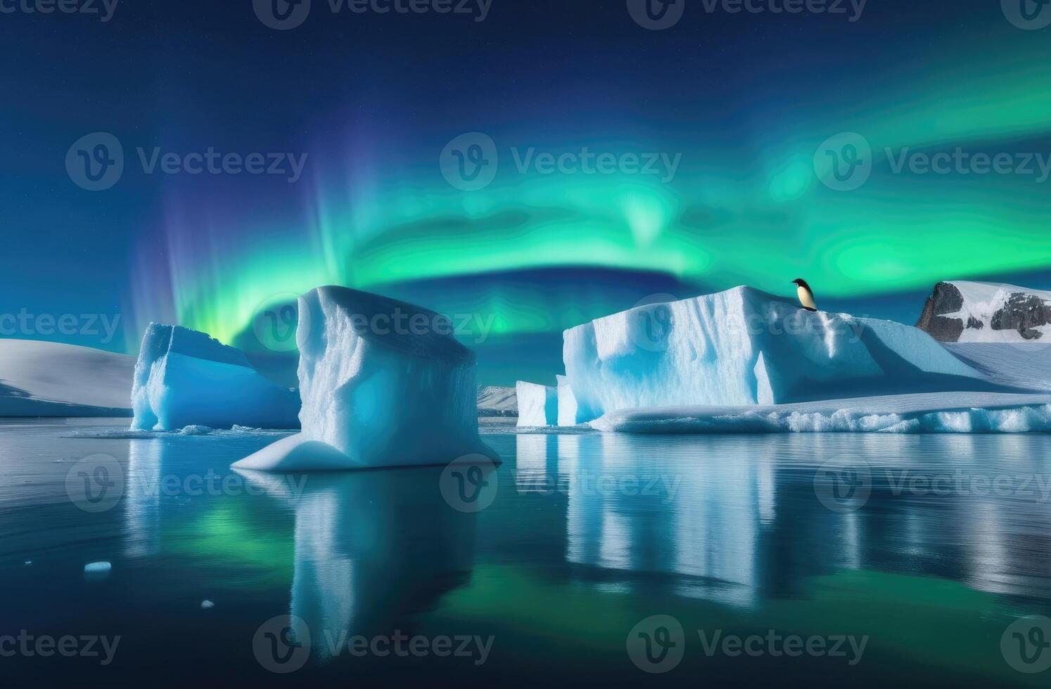 ai gegenereerd wereld pinguïn dag, een eenzaam volwassen pinguïn Aan een ijs ijsschots, de koninkrijk van ijs en sneeuw, een ijsberg in de oceaan, de ver noorden, de noordelijk lichten foto