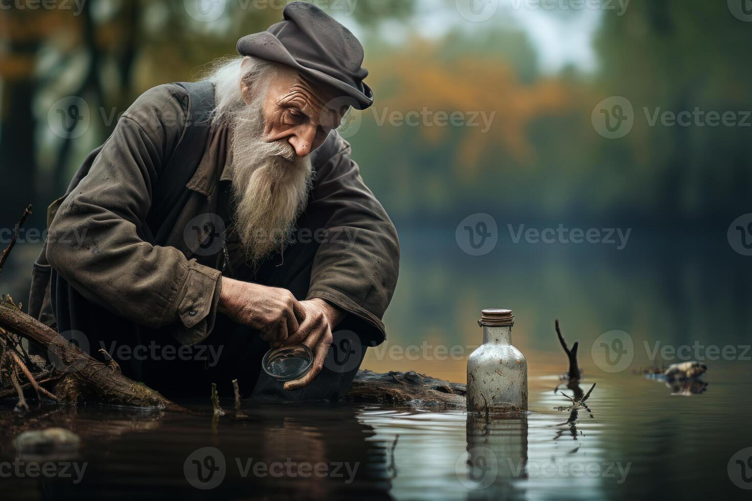 ai gegenereerd oud oud Mens eenzaam in pet met water glas. genereren ai foto