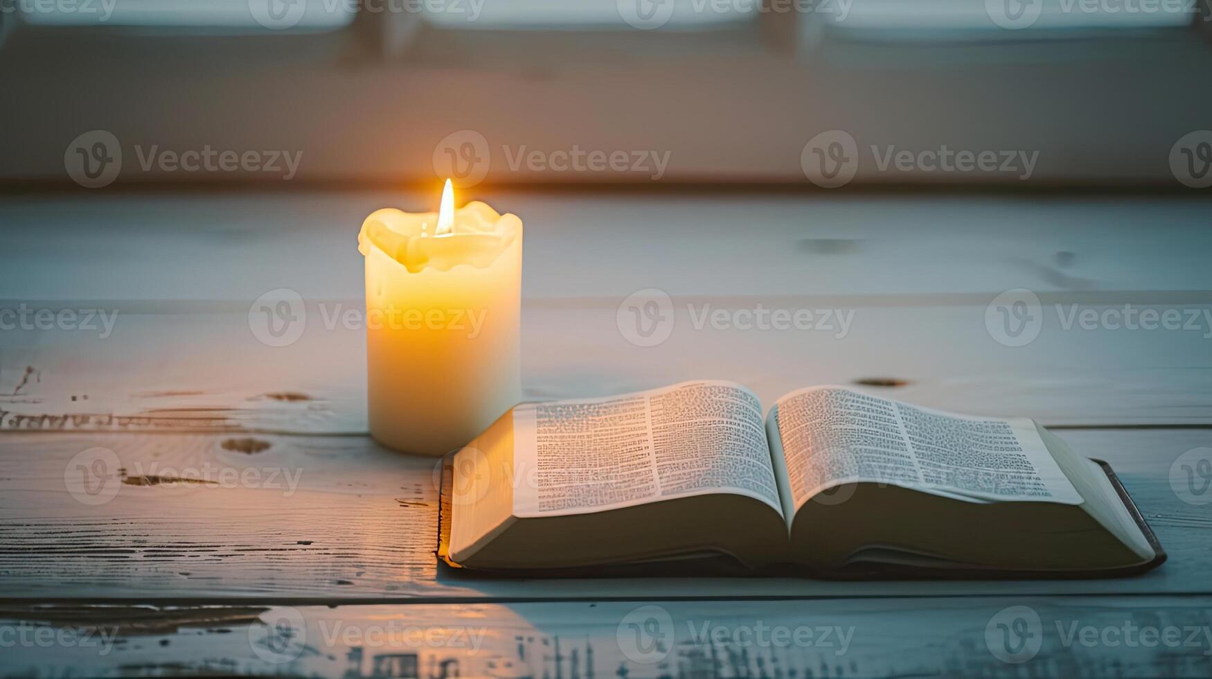 ai gegenereerd een Open heilig boek, de Bijbel, De volgende naar een brandend kaars Aan een wit houten tafel, terwijl communiceren met god foto