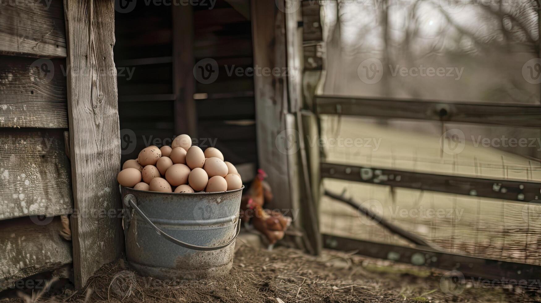 ai gegenereerd een stevig emmer boordevol met vers verzameld eieren, genesteld naast de piket hek van een rustiek kip hok, belichamend de charme van land leven. foto