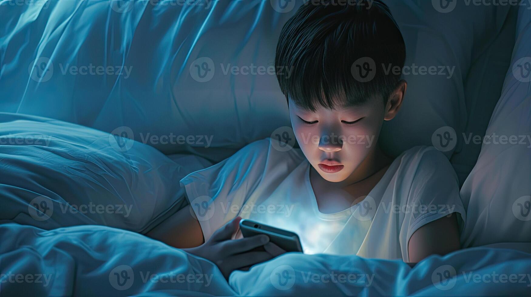 ai gegenereerd een Chinese jongen verdiept in zijn mobiel telefoon terwijl loungen in bed, de zacht gloed van de scherm verhelderend zijn gezicht, markeren de verleiden van modern technologie in elke dag leven. foto