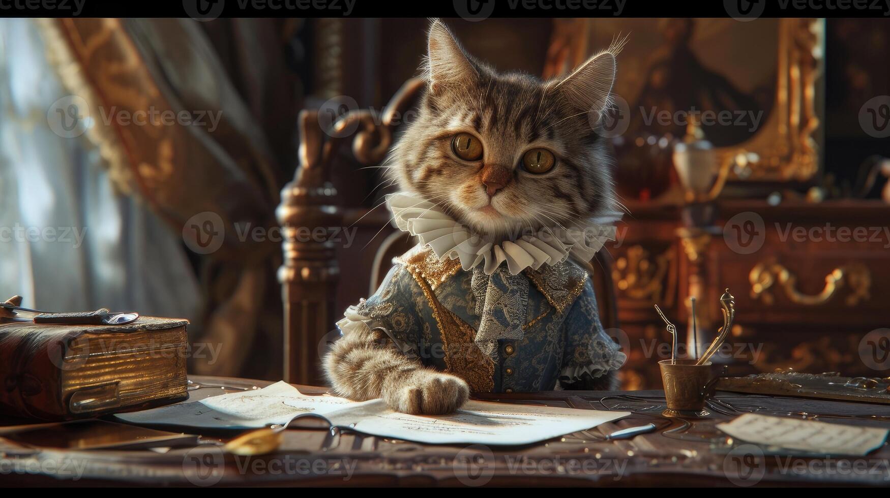 ai gegenereerd een geanimeerd katje uitstralend verfijning in haar kleding, afgebeeld in hyperrealistisch detail foto